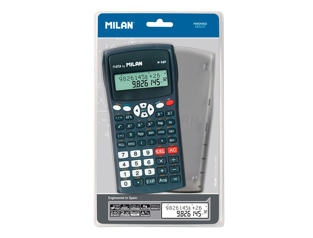 CALCULADORA MILAN CIENTIFICA M240 BLACK 2 LINHAS 240 FUNCOES 10+2 DIGITOS COR PRETA COM TAMPA COR CINZA