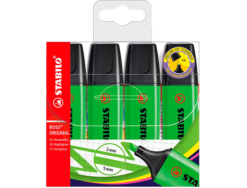 MARCADOR FLUORESCENTE STABILO BOSS 70 VERDE ESTOJO DE 4 UNIDADES