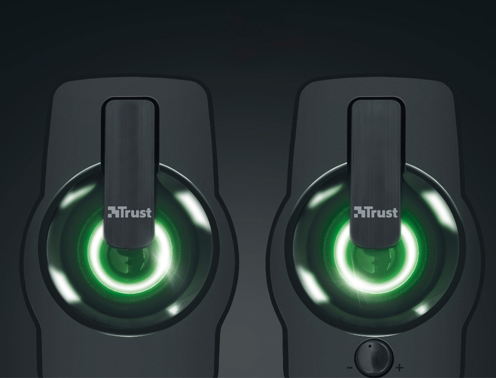 COLUNAS TRUST GEMI 2.0 POTENCIA MAX 12W ILUMINACAO LED CONTROLO DE VOLUME E CONEXAO AURICULARES USB COR PRETO