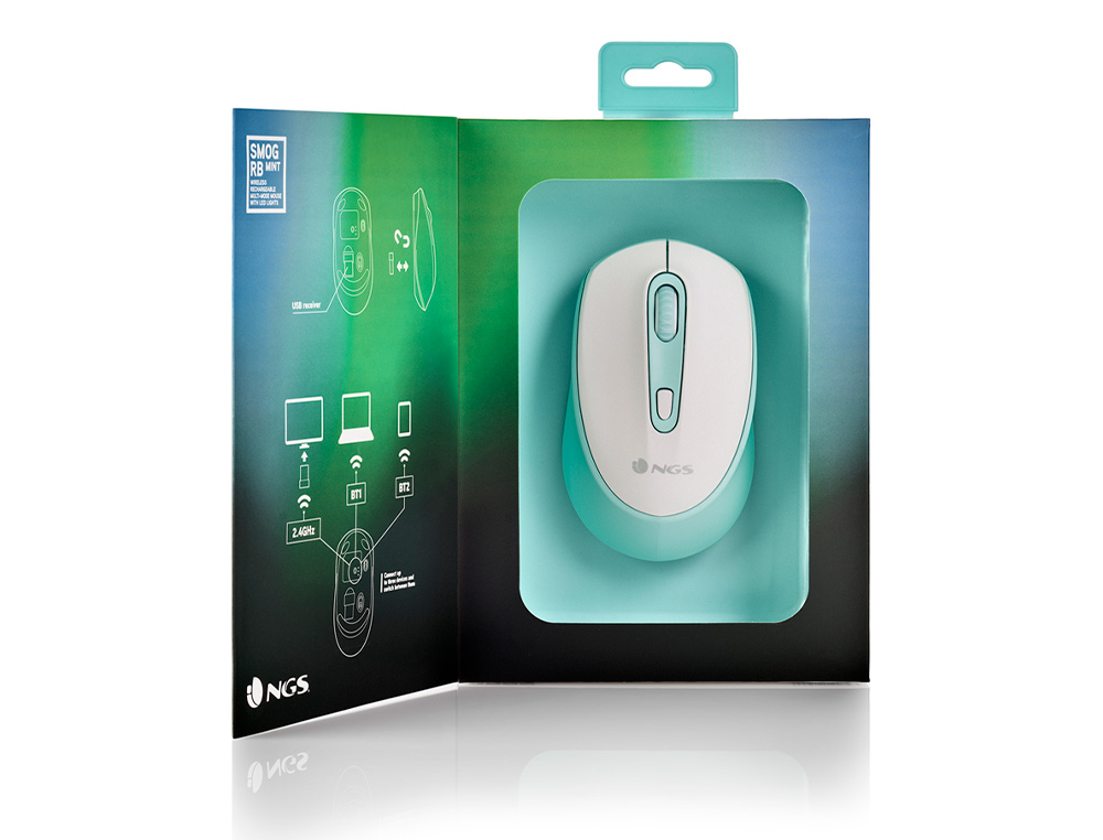 RATO NGS SMOG OTICO 1000/1600/2400 DPI SEM FIOS 3 BOTOES RECETOR USB 2,4 GHZ LUZES LED COR BRANCO/VERDE MENTA