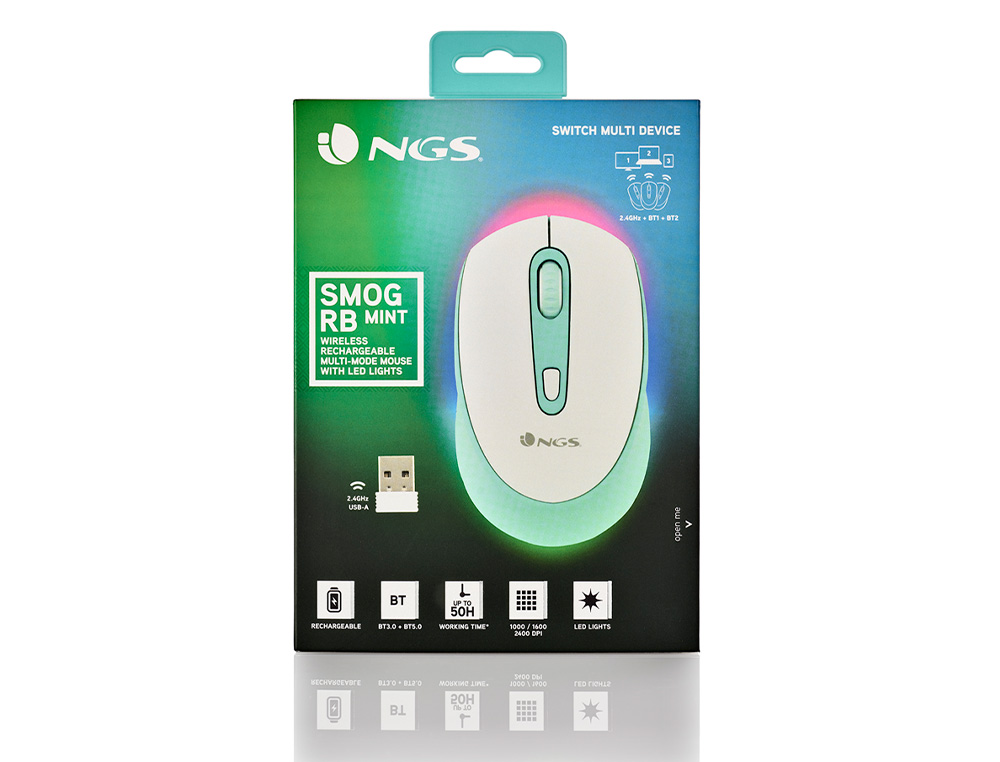 RATO NGS SMOG OTICO 1000/1600/2400 DPI SEM FIOS 3 BOTOES RECETOR USB 2,4 GHZ LUZES LED COR BRANCO/VERDE MENTA