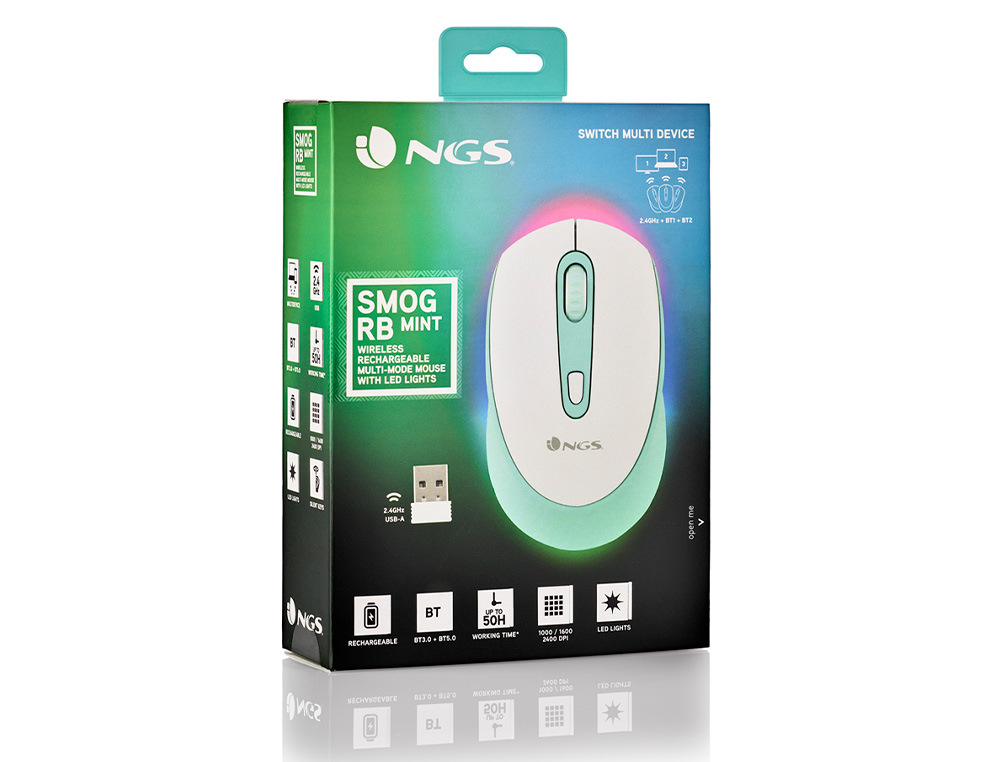 RATO NGS SMOG OTICO 1000/1600/2400 DPI SEM FIOS 3 BOTOES RECETOR USB 2,4 GHZ LUZES LED COR BRANCO/VERDE MENTA