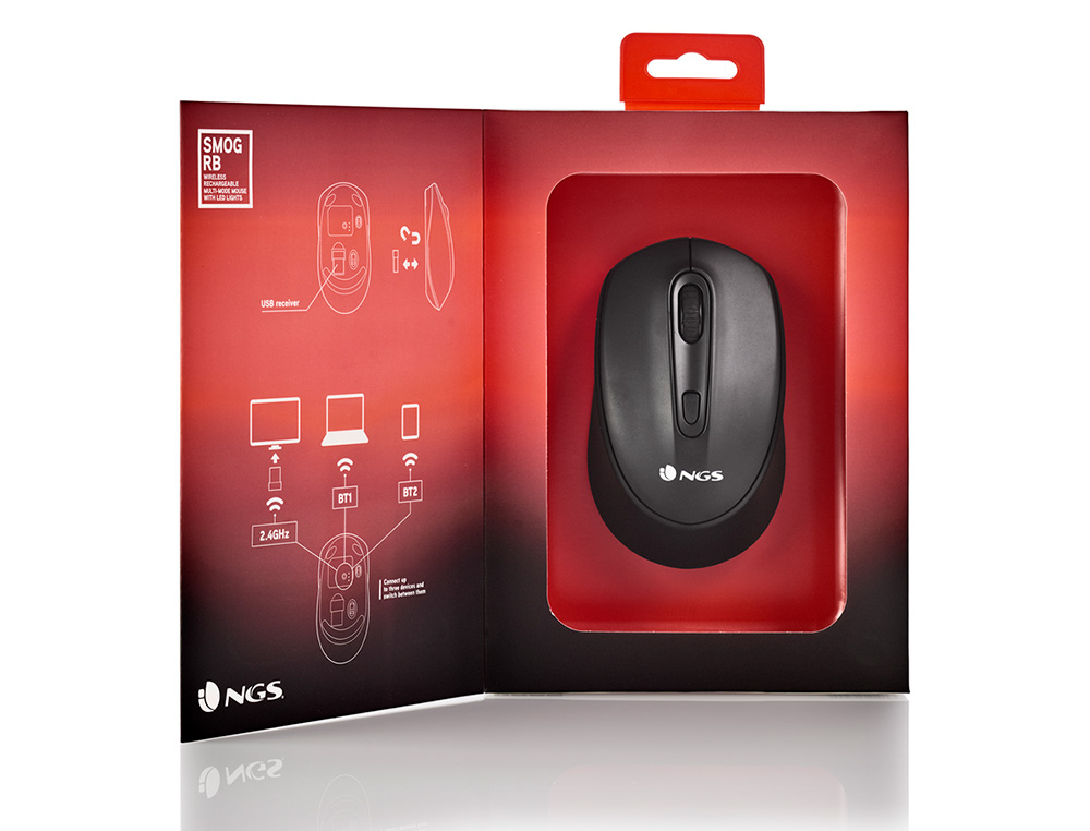 RATO NGS SMOG OTICO 1000/1600/2400 DPI SEM FIOS 3 BOTOES RECETOR USB 2,4 GHZ 15 MODOS LUZES LED COR PRETO