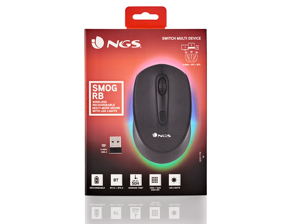 RATO NGS SMOG OTICO 1000/1600/2400 DPI SEM FIOS 3 BOTOES RECETOR USB 2,4 GHZ 15 MODOS LUZES LED COR PRETO