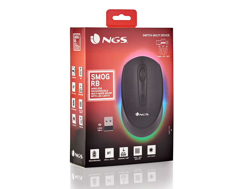 RATO NGS SMOG OTICO 1000/1600/2400 DPI SEM FIOS 3 BOTOES RECETOR USB 2,4 GHZ 15 MODOS LUZES LED COR PRETO