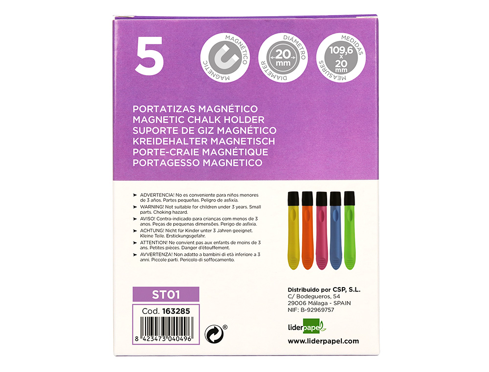 PORTA GIZ MAGNETICO DE PLASTICO LIDERPAPEL CAIXA DE 5 UNIDADES CORES SORTIDAS