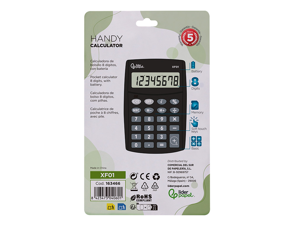 CALCULADORA LIDERPAPEL DE BOLSO XF01 8 DIGITOS PILHAS COR PRETO 99X64X9 MM