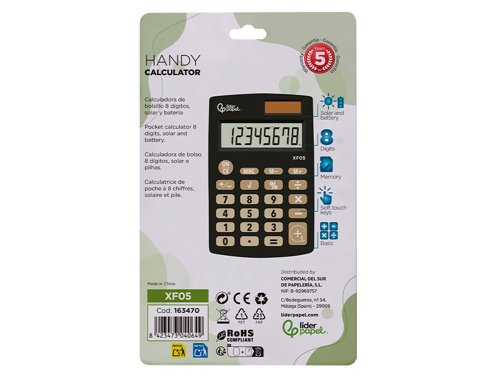 CALCULADORA LIDERPAPEL DE BOLSO XF05 8 DIGITOS SOLAR E PILHAS COR PRETO 98X62X8 MM