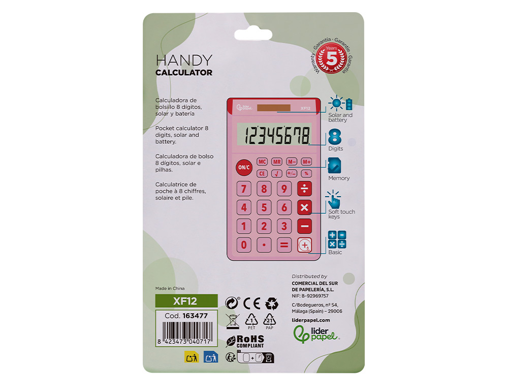 CALCULADORA LIDERPAPEL DE BOLSO XF12 8 DIGITOS SOLAR E PILHAS COR ROSA 115X65X8 MM