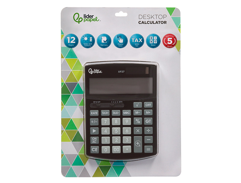CALCULADORA LIDERPAPEL DE SECRETARIA XF27 12 DIGITOS TAXAS SOLAR E PILHAS COR PRETO 155X115X25 MM