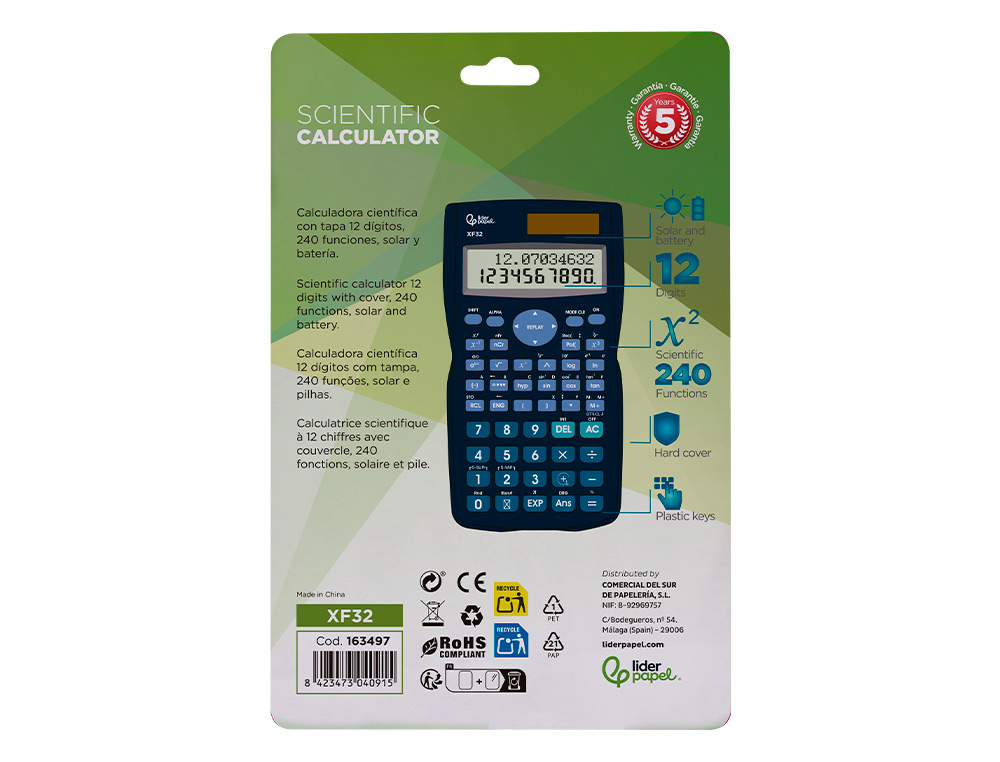 CALCULADORA LIDERPAPEL CIENTIFICA XF32 12 DIGITOS 240 FUNCOES COM TAMPA SOLAR E PILHAS COR AZUL 156X85X20 MM