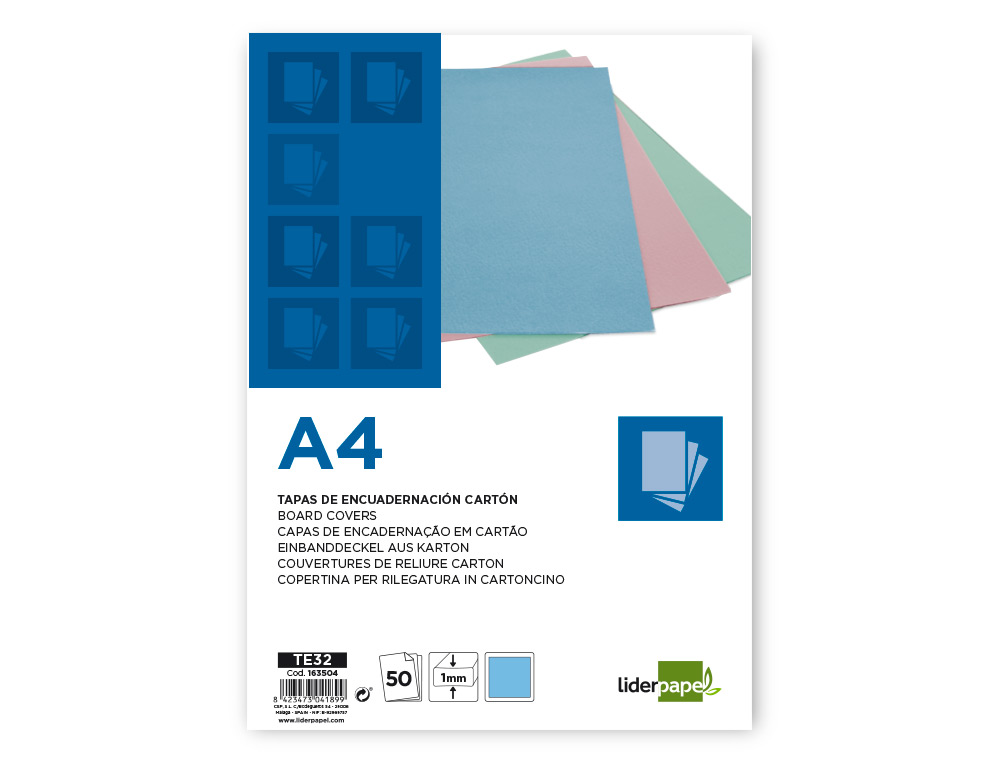 CAPA DE ENCADERNACAO LIDERPAPEL CARTAO DIN A4 1 MM CELESTE PACK DE 50 UNIDADES