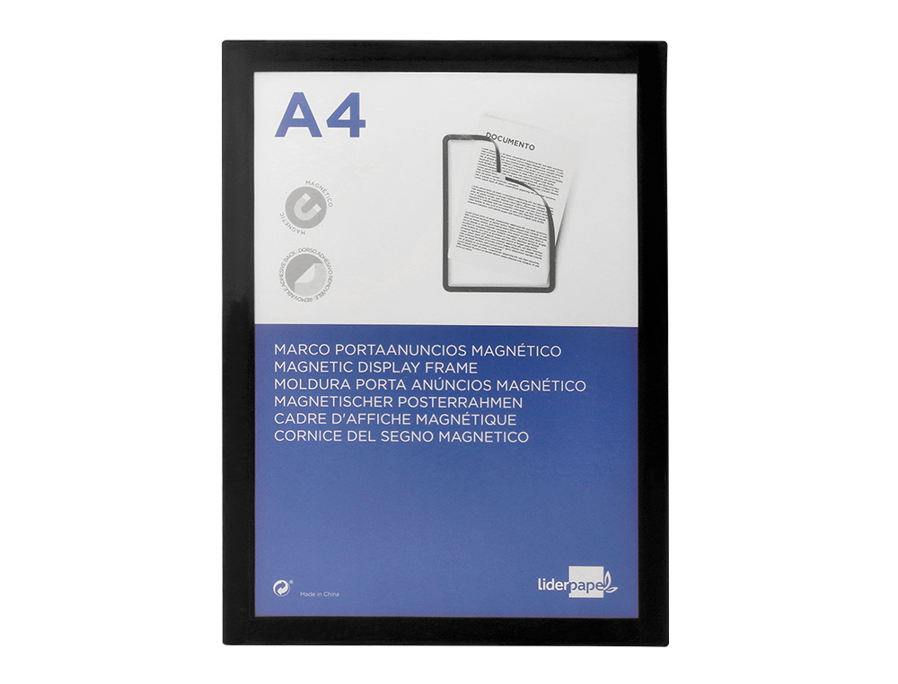 MOLDURA PORTA ANUNCIOS LIDERPAPEL MAGNETICA DIN A4 SUPORTE ADESIVO REMOVIVEL COR PRETO