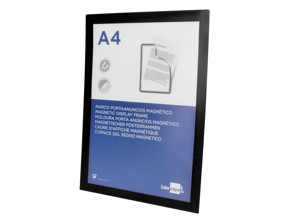 MOLDURA PORTA ANUNCIOS LIDERPAPEL MAGNETICA DIN A4 SUPORTE ADESIVO REMOVIVEL COR PRETO