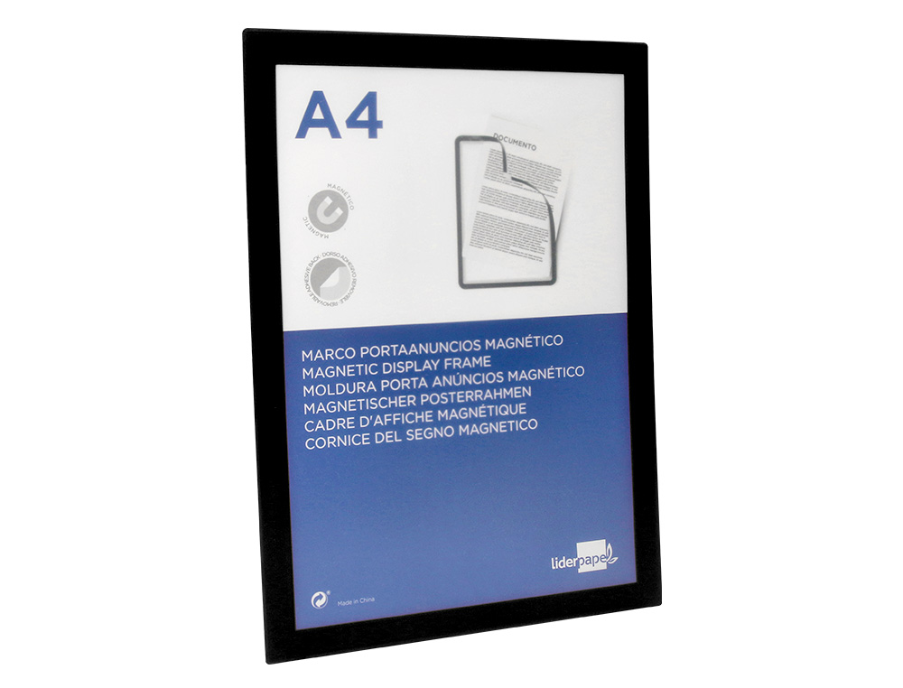 MOLDURA PORTA ANUNCIOS LIDERPAPEL MAGNETICA DIN A4 SUPORTE ADESIVO REMOVIVEL COR PRETO