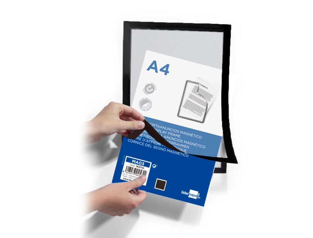 MOLDURA PORTA ANUNCIOS LIDERPAPEL MAGNETICA DIN A4 SUPORTE ADESIVO REMOVIVEL COR PRETO