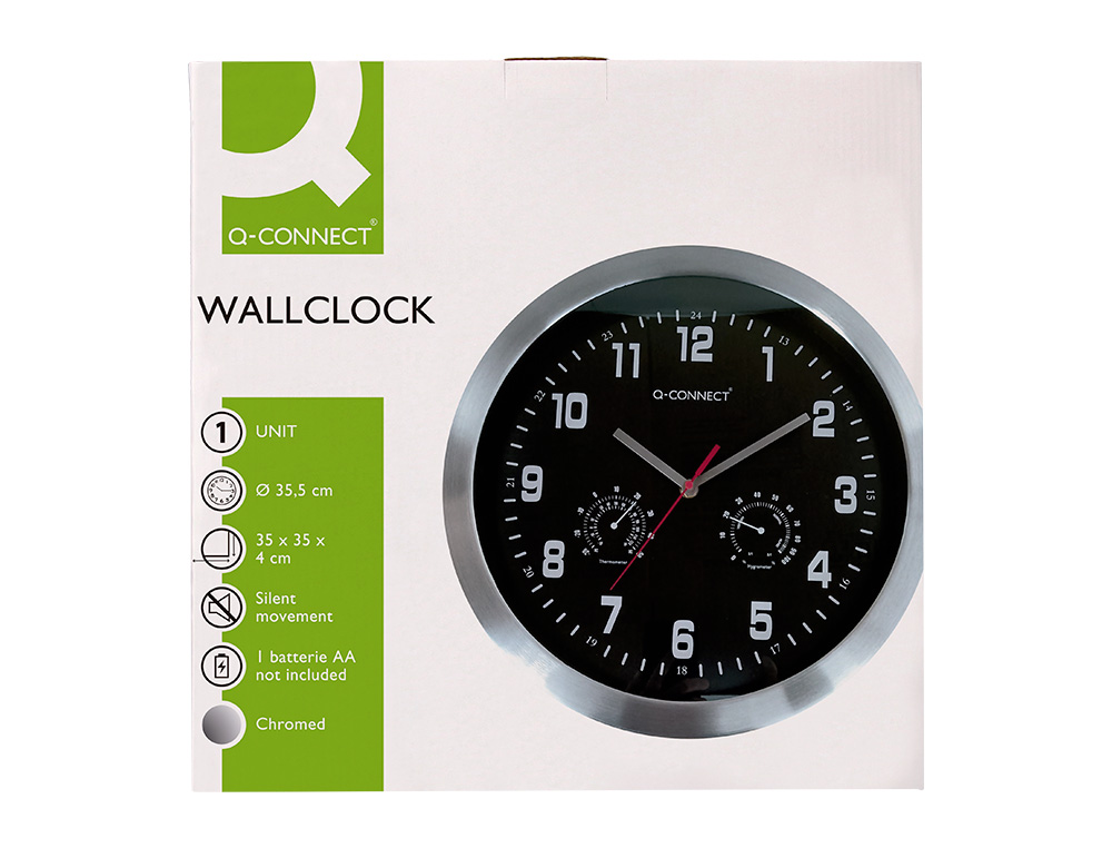 RELOGIO Q-CONNECT DE PAREDE METALICO REDONDO 35,5 CM MOVIMENTO SILENCIOSO COR CROMADO COM ESFERA PRETA