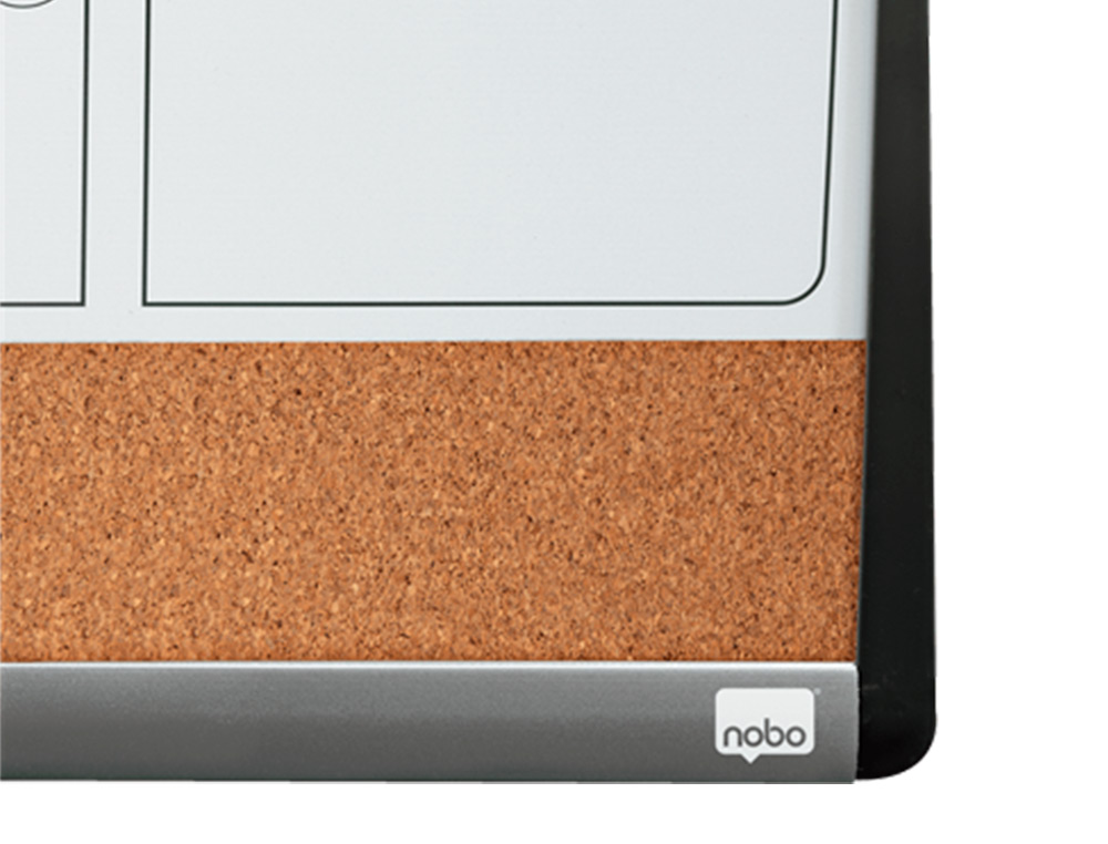 PLANIFICADOR MENSAL NOBO MAGNETICO + TABULEIRO DE CORTICA HORIZONTAL COM MOLDURA ARQUEADA PRATA E PRETO 585X430 MM