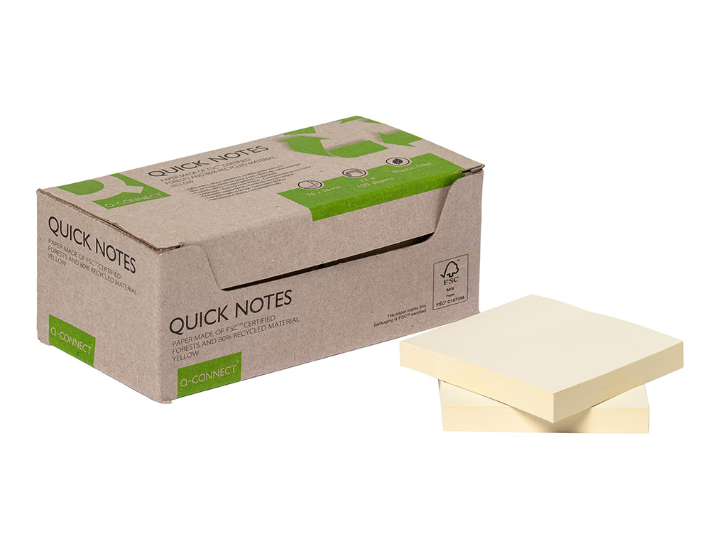 BLOCO DE NOTAS ADESIVAS Q-CONNECT 76X76 MM 100% PAPEL RECICLADO AMARELO CAIXA DE CARTAO