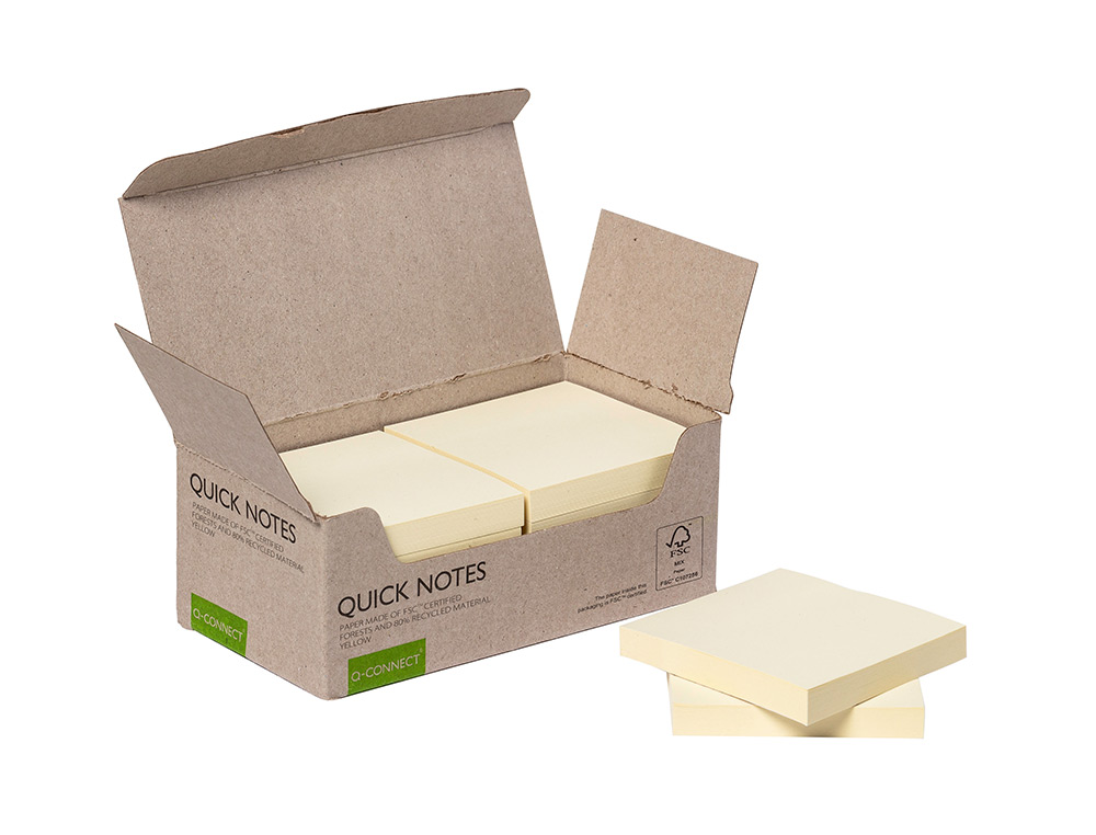 BLOCO DE NOTAS ADESIVAS Q-CONNECT 76X76 MM 100% PAPEL RECICLADO AMARELO CAIXA DE CARTAO