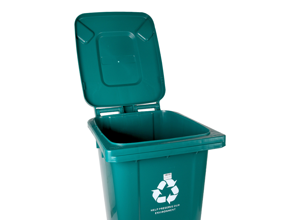 CONTENTOR DE LIXO Q-CONNECT PLASTICO COM TAMPA E RODAS 240 LITROS 1040X620X610 MM VERDE