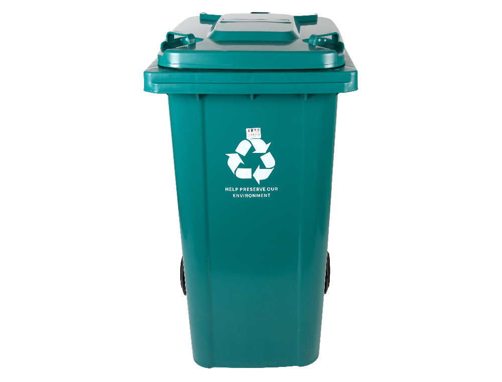 CONTENTOR DE LIXO Q-CONNECT PLASTICO COM TAMPA E RODAS 240 LITROS 1040X620X610 MM VERDE