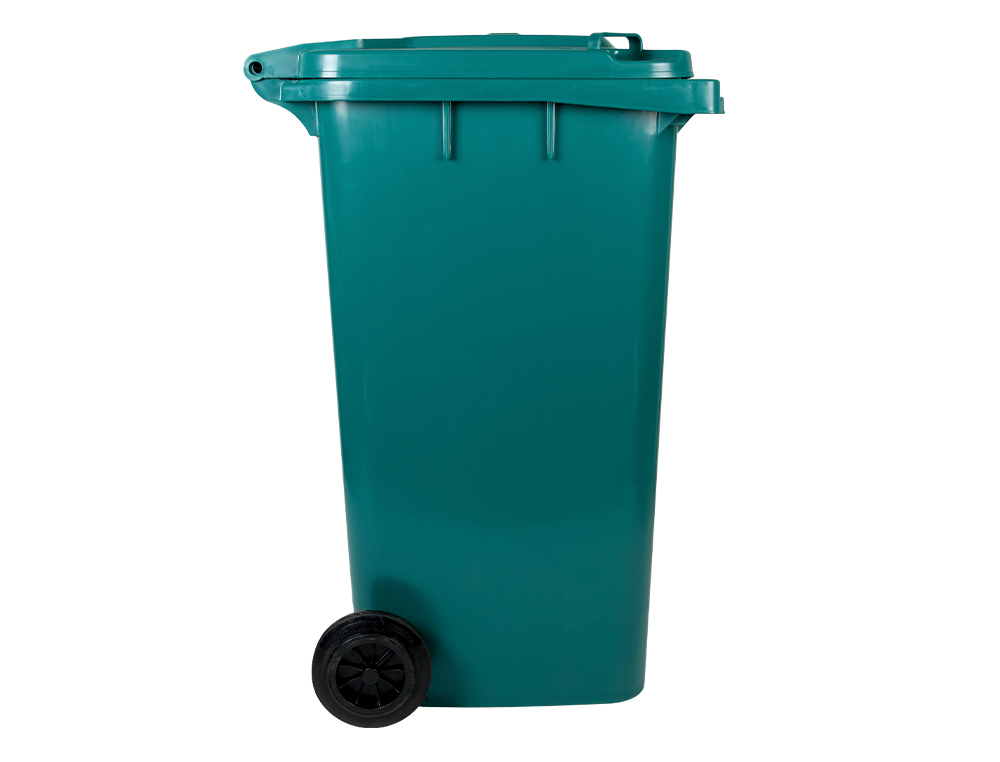 CONTENTOR DE LIXO Q-CONNECT PLASTICO COM TAMPA E RODAS 240 LITROS 1040X620X610 MM VERDE