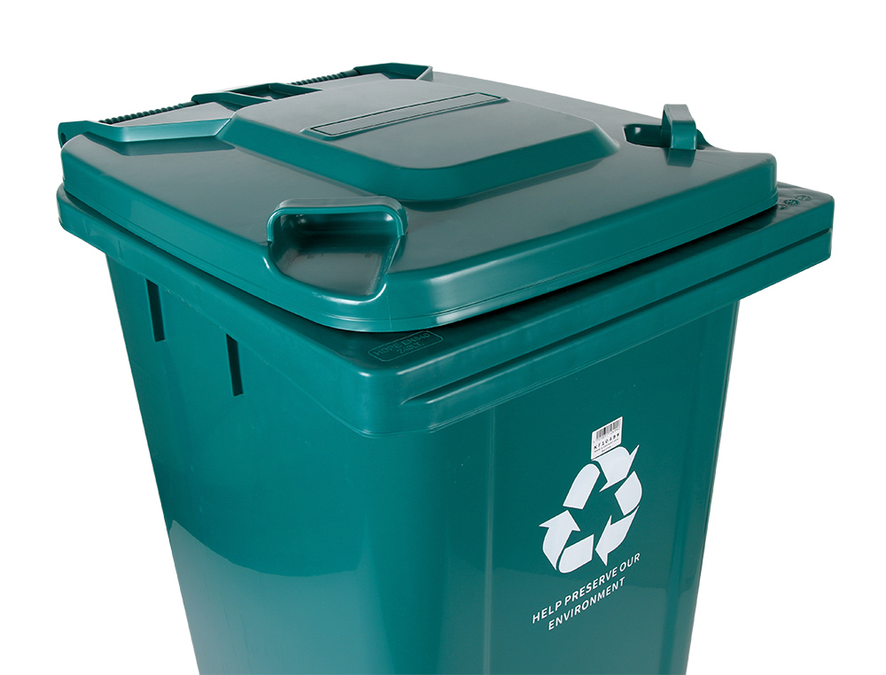 CONTENTOR DE LIXO Q-CONNECT PLASTICO COM TAMPA E RODAS 240 LITROS 1040X620X610 MM VERDE