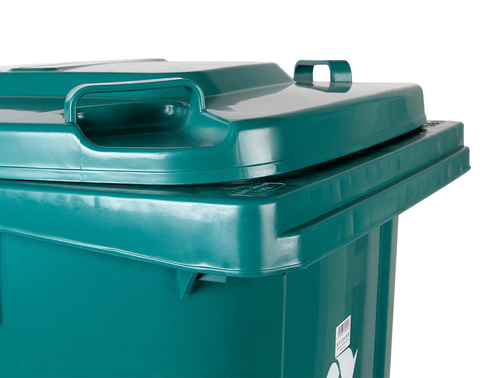 CONTENTOR DE LIXO Q-CONNECT PLASTICO COM TAMPA E RODAS 240 LITROS 1040X620X610 MM VERDE