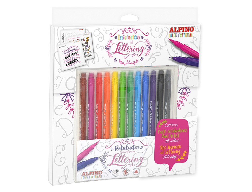 CONJUNTO DE DESENHO ALPINO INICIACAO AO LETTERING 12 MARCADORES PONTA FINA E PONTA PINCEL CORES SORTIDAS + LIVRO GUIA