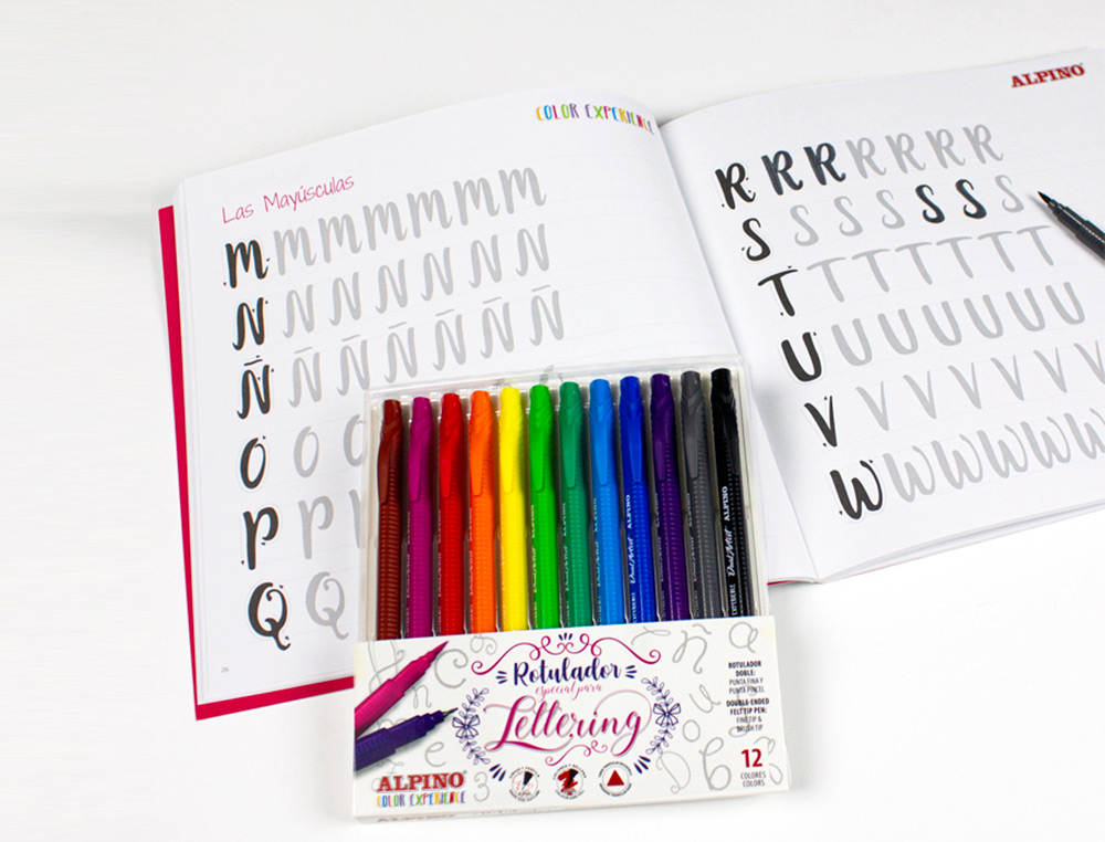 CONJUNTO DE DESENHO ALPINO INICIACAO AO LETTERING 12 MARCADORES PONTA FINA E PONTA PINCEL CORES SORTIDAS + LIVRO GUIA