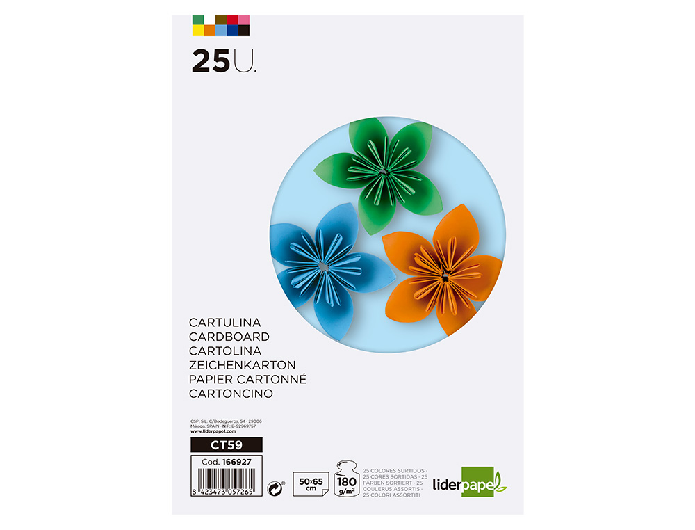 CARTOLINA LIDERPAPEL 50X65 CM 180 GR 25 CORES SORTIDAS PACK DE 25 UNIDADES