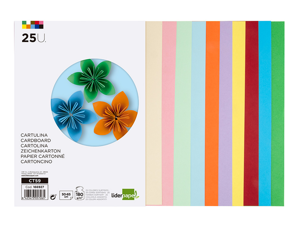 CARTOLINA LIDERPAPEL 50X65 CM 180 GR 25 CORES SORTIDAS PACK DE 25 UNIDADES
