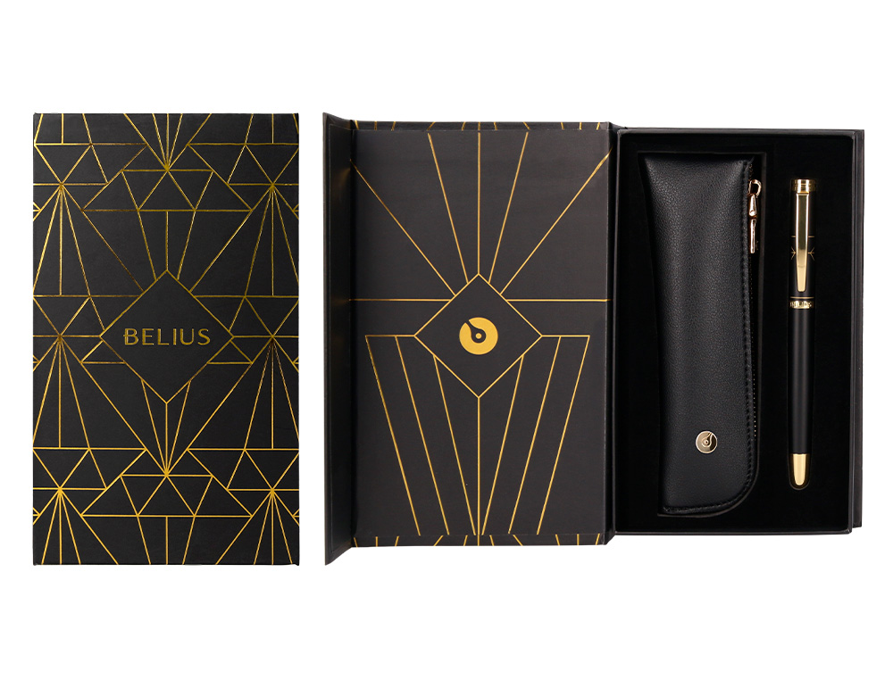 ESFEROGRAFICA E ESTOJO BELIUS SOIREE DESENHO ART DECO PRETO E DOURADO TINTA AZUL CAIXA DESIGN