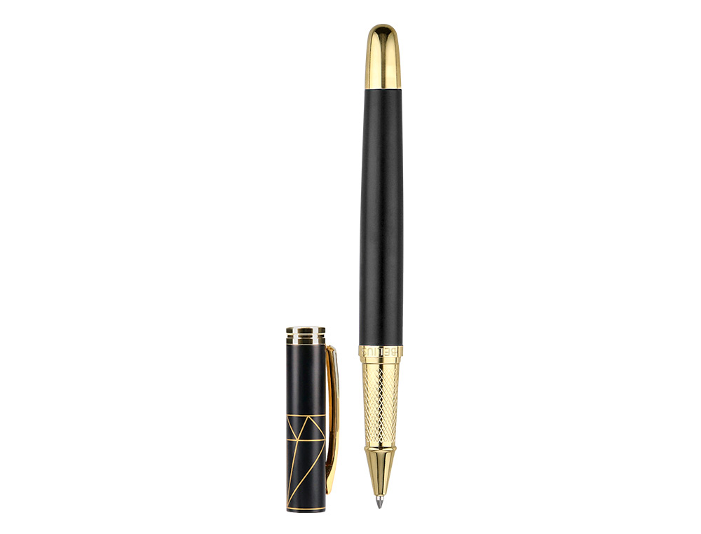 ESFEROGRAFICA E ESTOJO BELIUS SOIREE DESENHO ART DECO PRETO E DOURADO TINTA AZUL CAIXA DESIGN