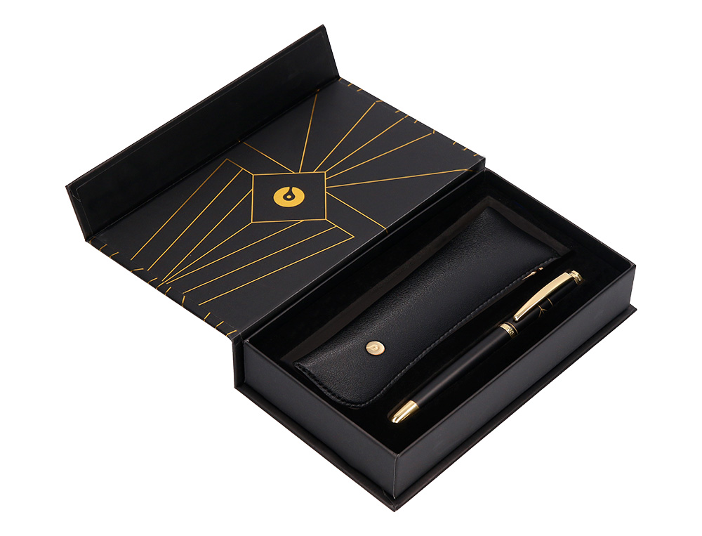 ESFEROGRAFICA E ESTOJO BELIUS SOIREE DESENHO ART DECO PRETO E DOURADO TINTA AZUL CAIXA DESIGN
