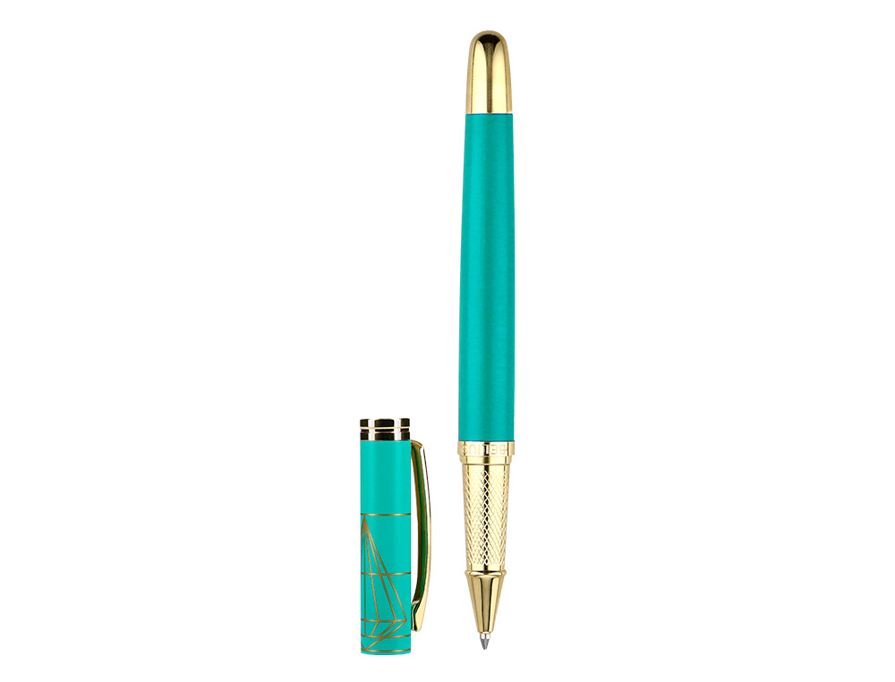 ESFEROGRAFICA BELIUS SOIREE ALUMINIO DESENHO ART DECO TURQUESA DOURADO TINTA AZUL CAIXA DESIGN