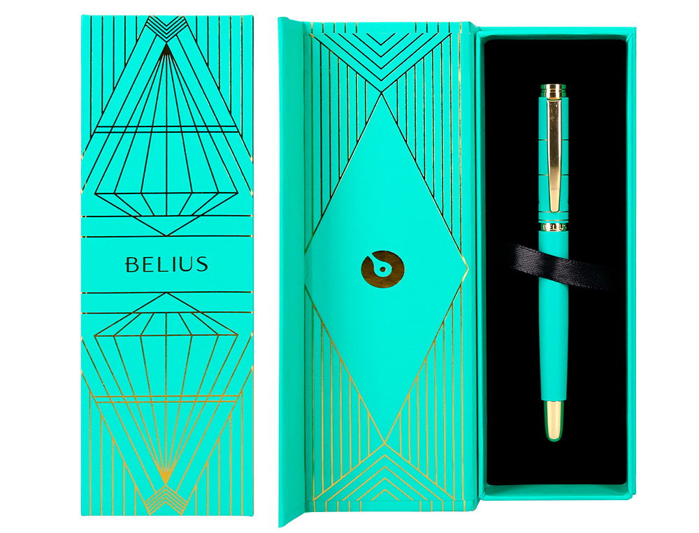 ESFEROGRAFICA BELIUS SOIREE ALUMINIO DESENHO ART DECO TURQUESA DOURADO TINTA AZUL CAIXA DESIGN