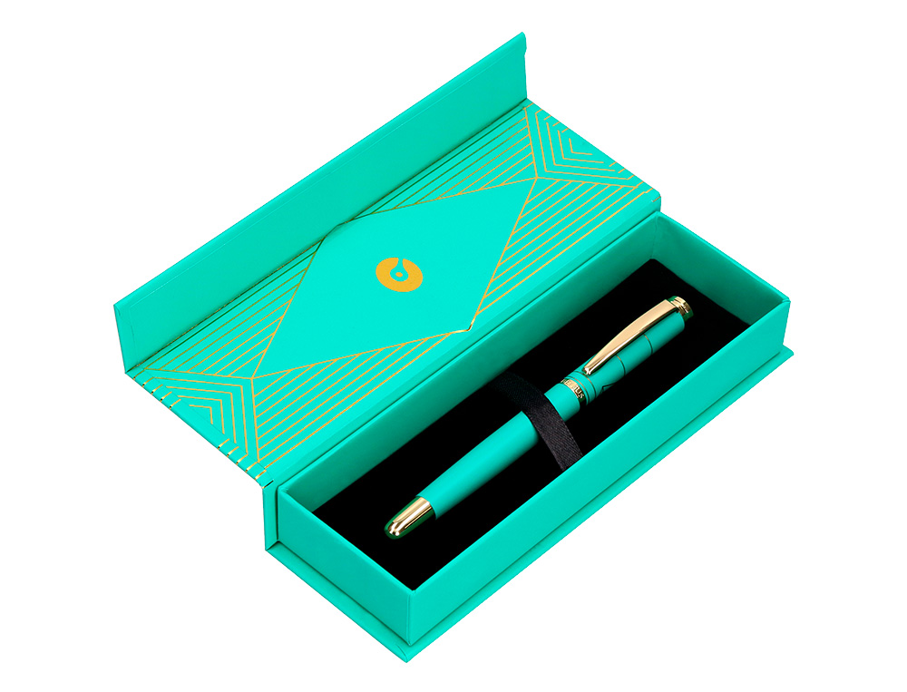 ESFEROGRAFICA BELIUS SOIREE ALUMINIO DESENHO ART DECO TURQUESA DOURADO TINTA AZUL CAIXA DESIGN