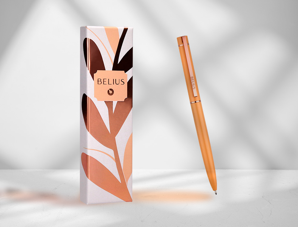 ESFEROGRAFICA BELIUS ROSE ALUMINIO DESENHO BEGE OURO ROSA TINTA AZUL CAIXA DESIGN