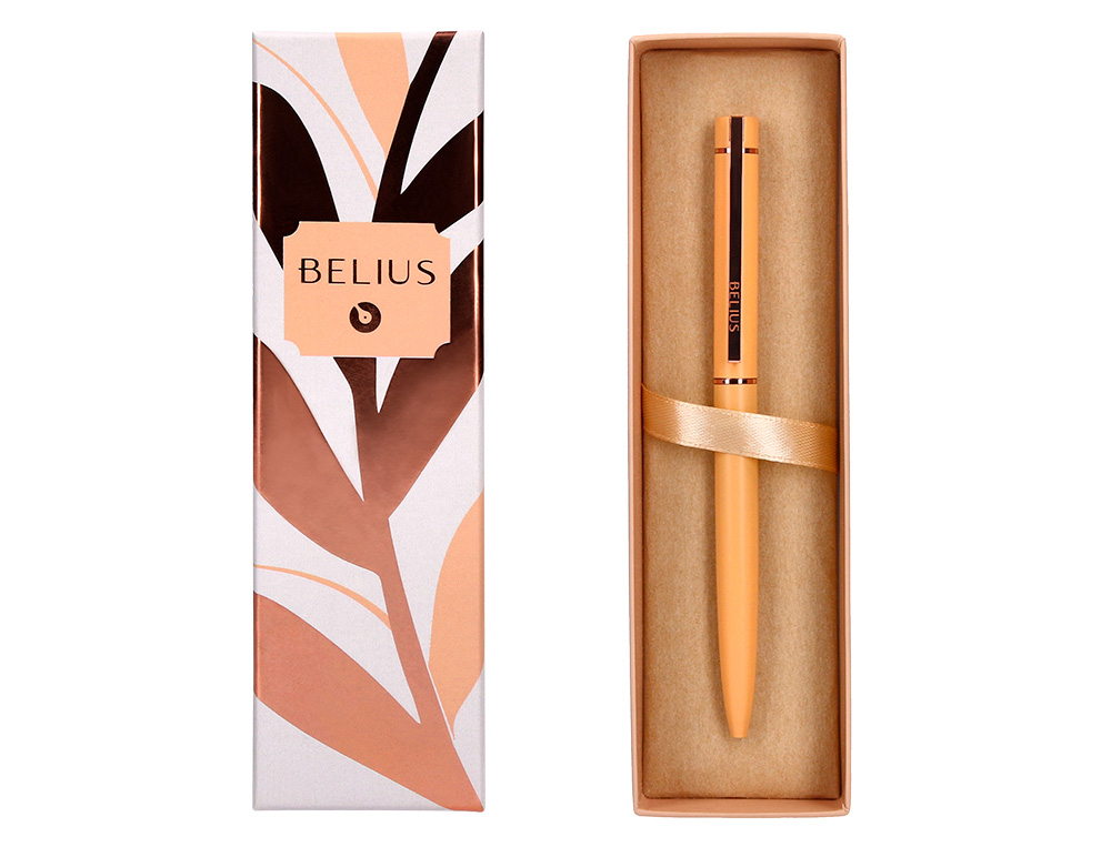 ESFEROGRAFICA BELIUS ROSE ALUMINIO DESENHO BEGE OURO ROSA TINTA AZUL CAIXA DESIGN