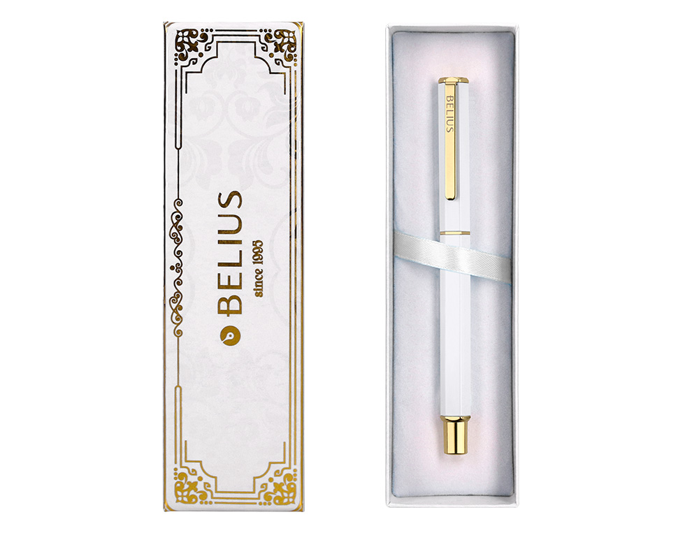 ESFEROGRAFICA BELIUS MACARON BLISS ALUMINIO DESENHO HEXAGONAL BRANCO E DOURADO TINTA AZUL CAIXA DESIGN