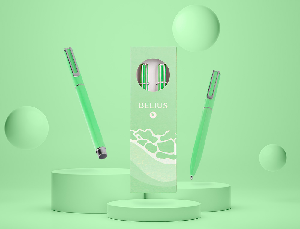 CONJUNTO ESFEROGRAFICA E ROLLER BELIUS ENDLESS SUMMER ALUMINIO DESENHO VERDE E PRATEADO TINTA AZUL CAIXA DESIGN