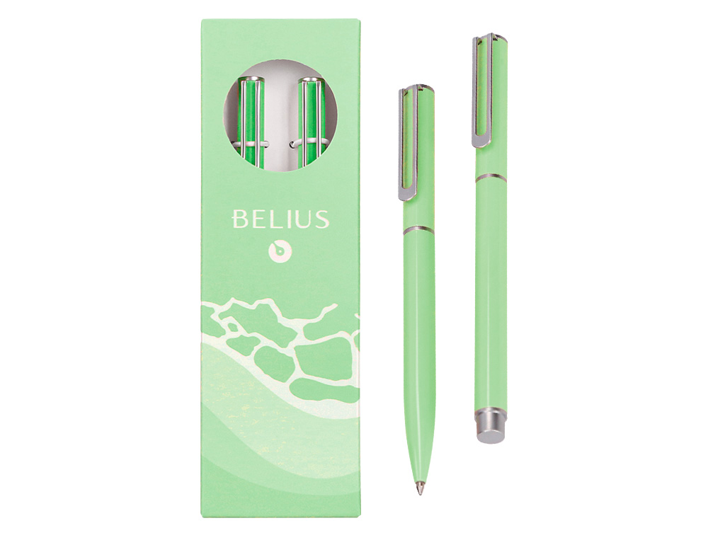CONJUNTO ESFEROGRAFICA E ROLLER BELIUS ENDLESS SUMMER ALUMINIO DESENHO VERDE E PRATEADO TINTA AZUL CAIXA DESIGN