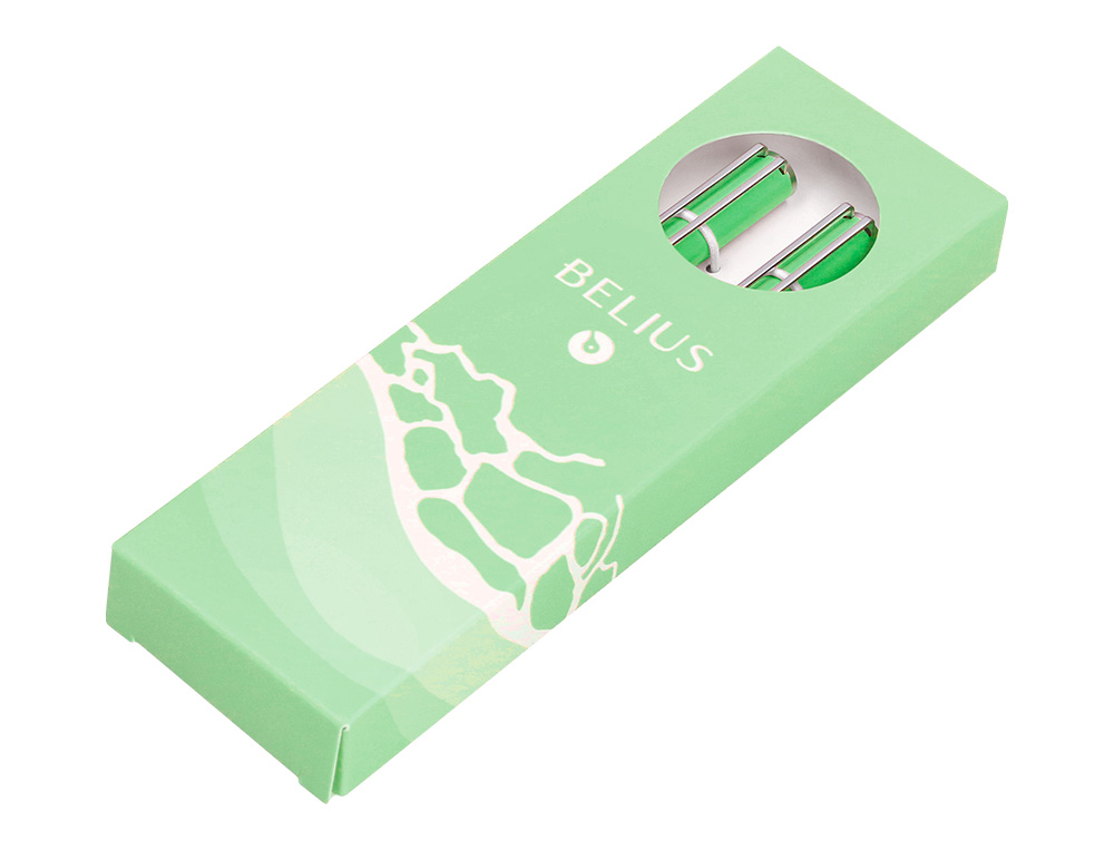 CONJUNTO ESFEROGRAFICA E ROLLER BELIUS ENDLESS SUMMER ALUMINIO DESENHO VERDE E PRATEADO TINTA AZUL CAIXA DESIGN