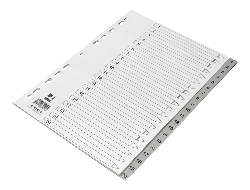 SEPARADOR NUMERICO Q-CONNECT PLASTICO 1-20 CONJUNTO DE 20 SEPARADORES DIN A4 MULTIPERFURADOS