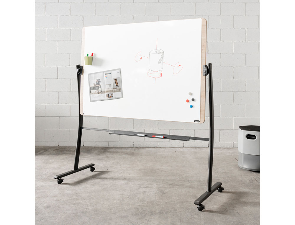 QUADRO BRANCO ROCADA ACO LACADO MAGNETICO MOLDURA ALUMINIO DUPLA FACE GIRATORIO CURVE COM RODAS 100X150 CM
