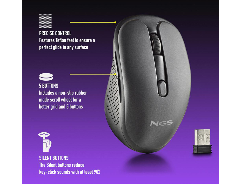 RATO NGS EVO RUST OTICO 800/1200/1600 DPI SEM FIOS 5 BOTOES TECLAS SILENCIOSAS RECETOR USB 2,4 GHZ PRETO