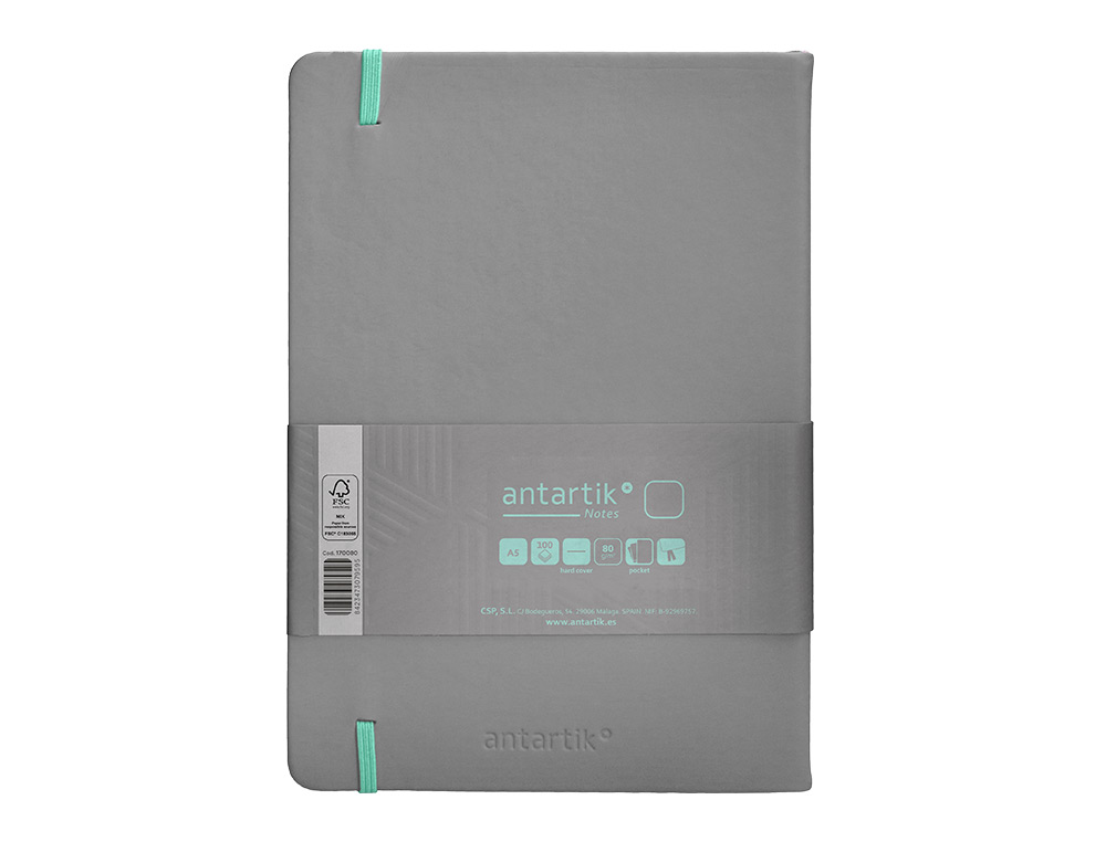 CADERNO COM ELASTICO ANTARTIK NOTES CAPA DURA A5 LISO CINZA E TURQUESA 100 FOLHAS 80 GR FSC