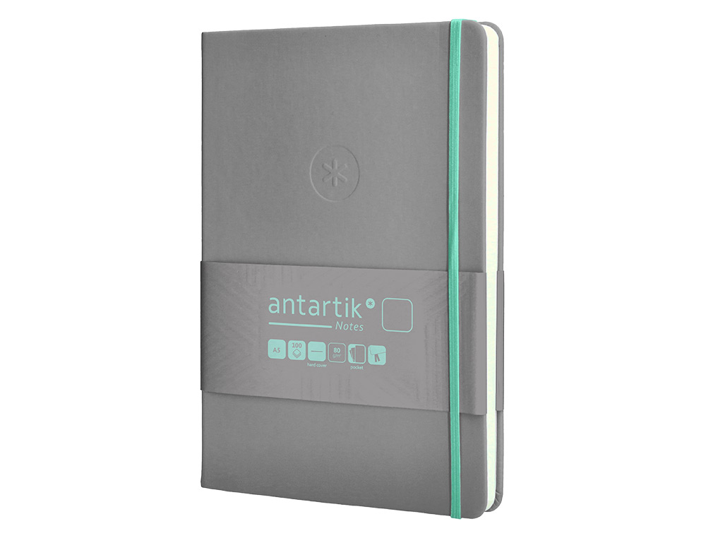 CADERNO COM ELASTICO ANTARTIK NOTES CAPA DURA A5 LISO CINZA E TURQUESA 100 FOLHAS 80 GR FSC